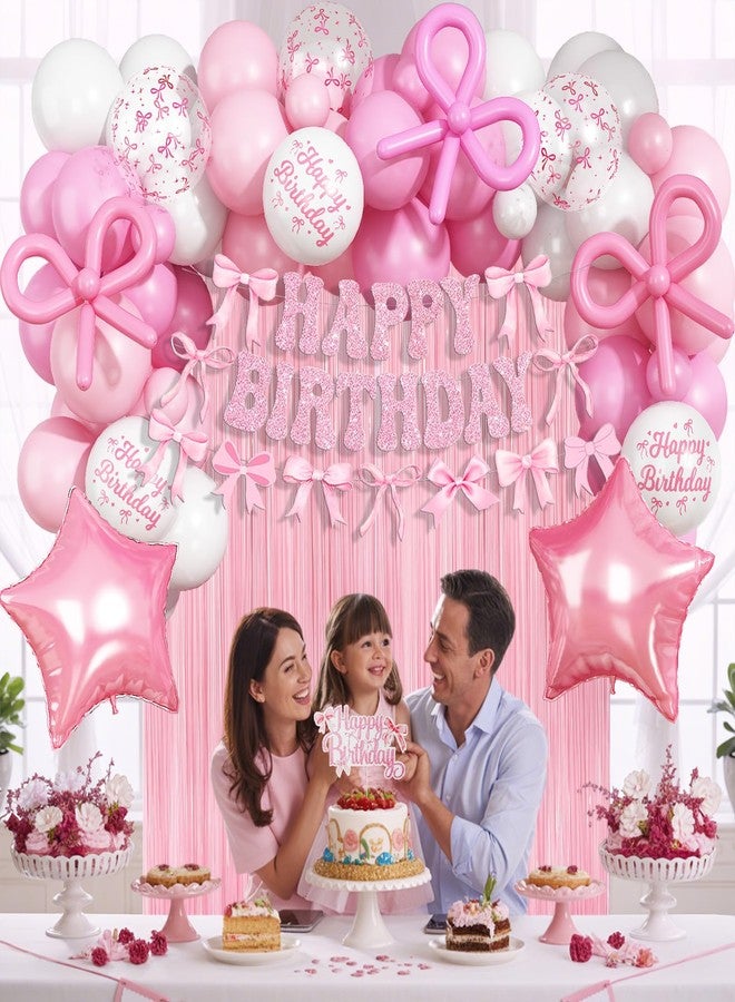 Froova Pink Bow Birthday Decorations, Coquette Party Decoration for Girls Women Pastel Light Pink White Bow Latex Balloons Happy Birthday Banner Cake Topper for Baby Shower Bachelorette Party Decor Supplies - Image 4